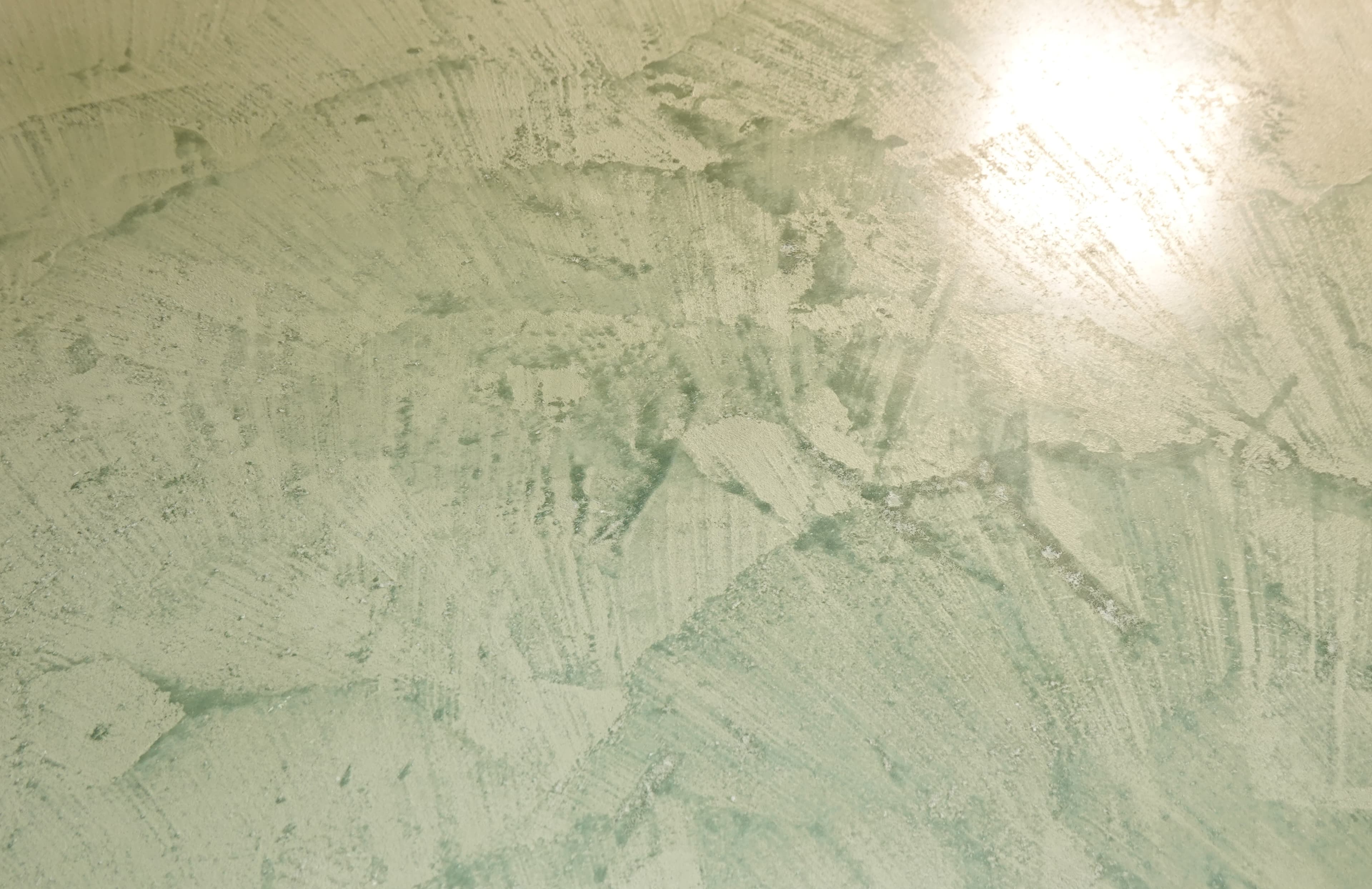 A Marmorino lime-plaster surface in soft sage, its open brushed movement lit from one side.